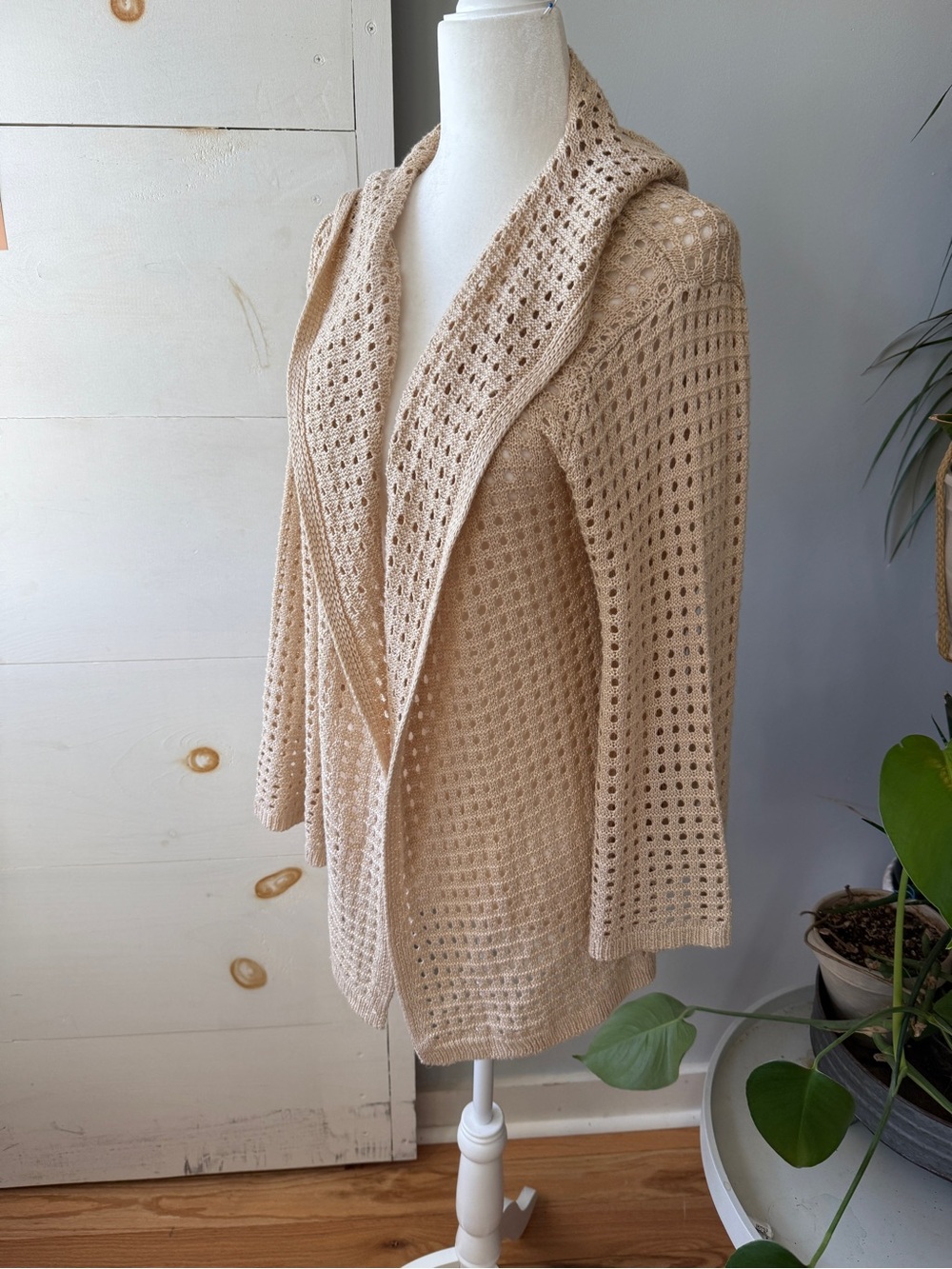 Elan Beige Open-Weave Hooded Crochet Sweater